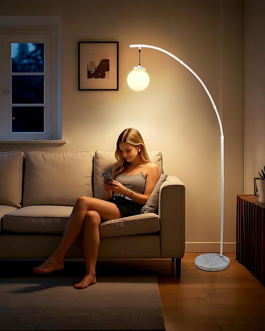 Lightdot Arc Floor Lamp for Living Room, 76Inch Tall Standing Lamp with Marble Base and Globe Bulbs Included, 3000K Warmwhite Modern Mid Century Floor Lamp for Bedroom & Home Office-White