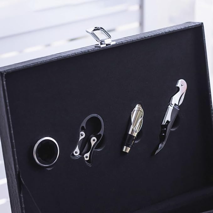 TANG SONG Leather Double Bottle Wine Gift Box with 4 Wine Accessories Wine Bottle Storage whit Locking Latch (Brown)