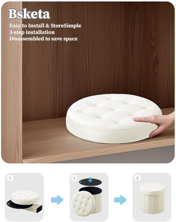 Folding Storage Ottoman Round 15Inch, Foot Stool with Thicker Foam Padded Seat Small Velvet Storage Ottoman Bench Foot Rest for Living Room Foldable Coffee Table,Beige