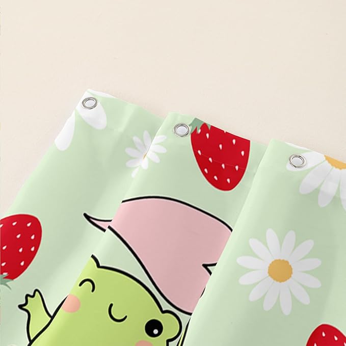 AILONEN Cute Frog Shower Curtain for Bathroom, Kawaii Strawberry and Frog Bath Curtain,Mushroom Frog Kids Girls Waterproof Curtain with 12 Plastic Hooks(72" W*78" H)