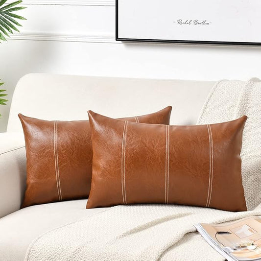 Fancy Homi 2 Packs Brown Boho Long Lumbar Faux Leather Decorative Throw Pillow Covers 16x24 Inch for Couch Bed Sofa, Hand Stitched Rectangle Cushion Case, Rustic Modern Farmhouse Home Decor