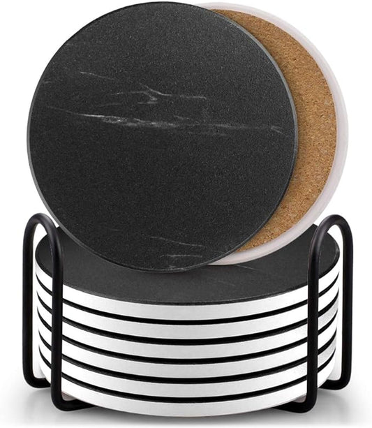 EAGMAK Set of 8 Coasters for Drinks, Marble Style Ceramic Drink Coaster with Holder for Coffee Wooden Table Home Decor(Black)