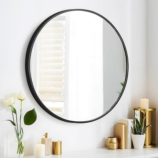 24" Round Mirror Circle Wall Mounted Hanging or Against Wall Metal Frame Dressing Make-up Mirrors for Entryway Bedroom Bathroom Living Room 24 inch Black