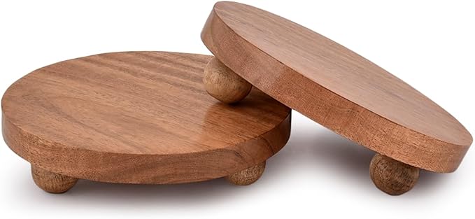 NIRMAN Display Stand Round Acacia Wood Stand for Display Wooden Stand for Kitchen/Bathroom Counter/Plant Stand (5.5" x 5.5" x 1.5"), (Set of 2)