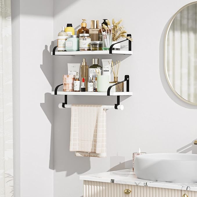 Love-KANKEI Floating Shelves for Coffee Bar,Bathroom Shelves with Wood Bar, Wall Shelves with 8 Hooks for Kitchen, 17.3 Inch Storage Shelves Set of 2 for Bedroom,Living Room，White