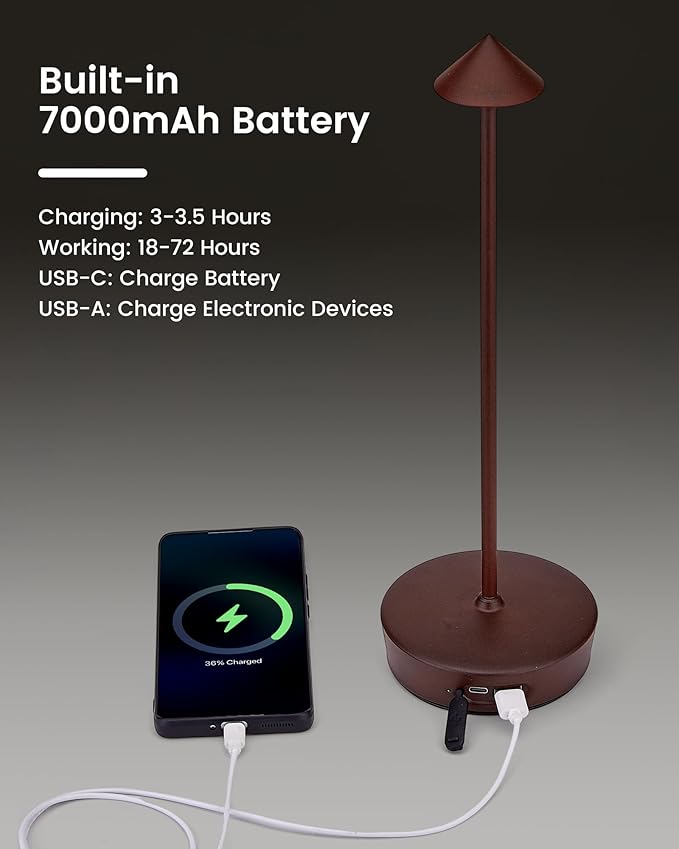 Rechargeable Cordless Table Lamp, 7000mAh Portable Led Table Light, Battery Operated Lamp Waterproof, Outdoor Table Lamp for Dining Restaurant Patio Bedroom Office