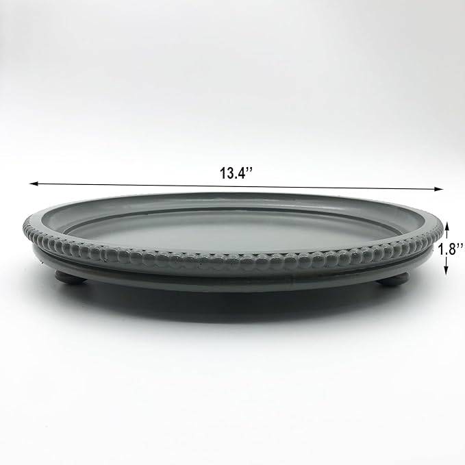 Round Wood Decorative Tray, Small Beaded Tray for Dresser Coffee Table Kitchen Corner Dinning Table, Modern Round Wooden Tray for Centerpiece (Gray, 13.4''X13.4'')