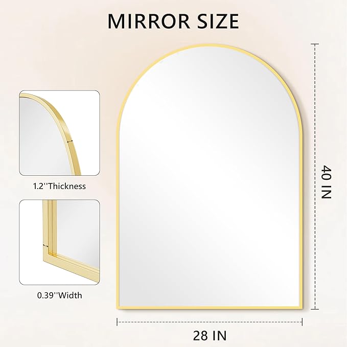 Arched Wall Mirror for Bathroom,Mirrors for Wall,28''x40'',Vanity Mirror for Bedroom Dresser, Entryway, Living Room, Metal Frame (28''x40'',Gold)