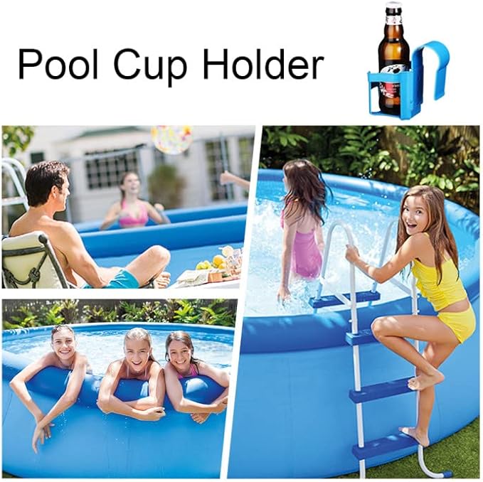 Poolside Cup Holder, Multipurpose Pool Drink Holder, Stainless Steel Water Bottle Holder, Self-Cleaning Plastic, Indoor and Outdoor, Blue