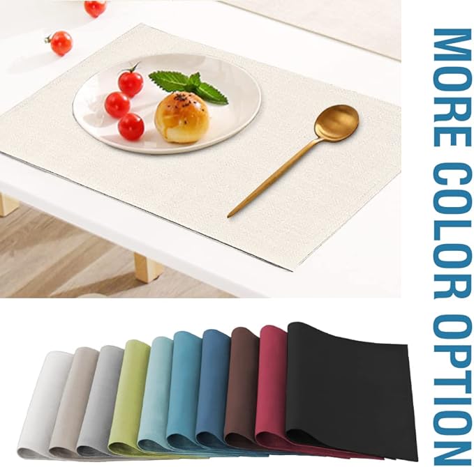 H.VERSAILTEX Linen Placemats Set of 6 Premium Solid Table Placemats for Dining Table Spill-Proof Waterproof Table Mats Heat-Resistant Kitchen Table Mats Washable, 12x18 inches, Ivory