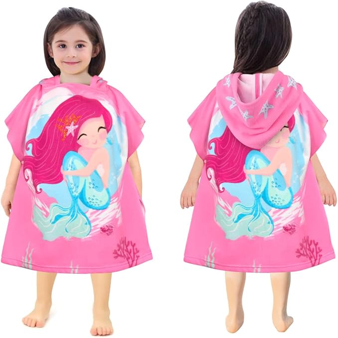 HUANLANG Kids Hooded Beach Towel for Boys Girls,Bath Pool Beach Poncho Towels Super Soft & Absorbent Cotton Towel Childrens Mermaid Beach Towels for Toddler 0-7 Years Old