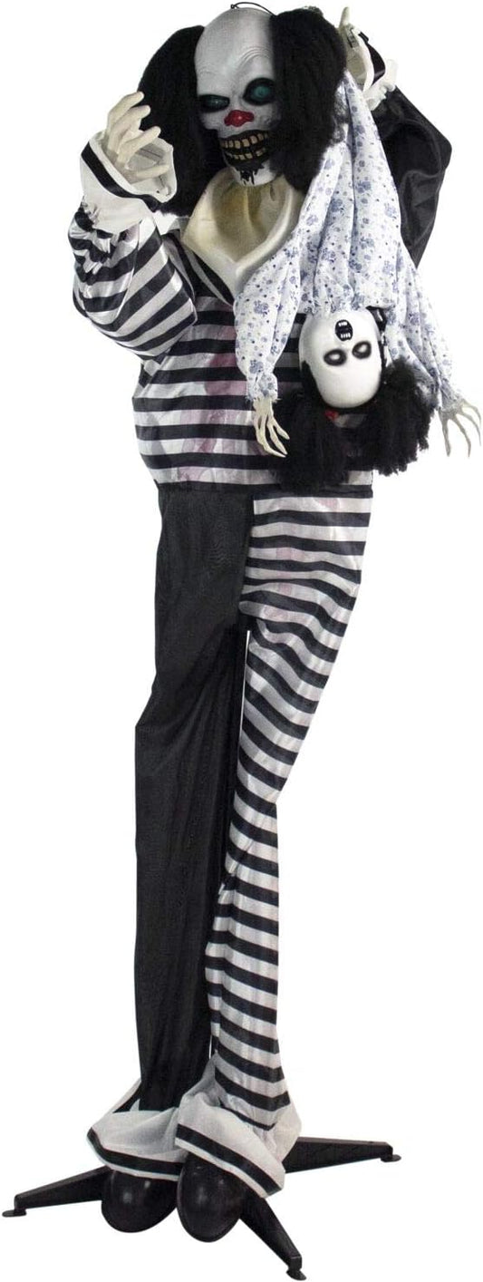 Haunted Hill Farm Life-Size Animatronic Scary Talking Clown with Doll, Motion, Touch Activated Lights, and Sounds, Indoor or Covered Outdoor Halloween Decorations, Battery Operated Halloween Props