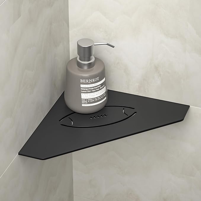 Corner Bathroom Shelf 10", 304 Stainless Steel Pentagonal Heavy Duty Floating Shelf with Football Hollows for Tiled Wall (Black)