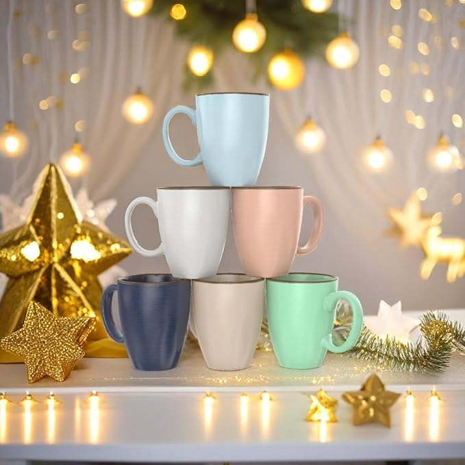 Set of 6 12oz Designer Ribbed Style Colorful Ceramic Coffee Mugs, Coffee Cups Gift Set for Coffee, Tea, Cocoa and More. Dishwasher and Microwave Safe.