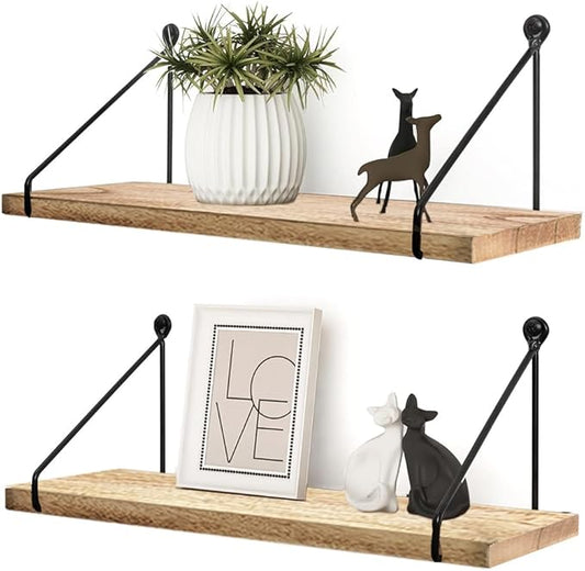 Floating Wall Shelves – Rustic Mango Wood Wall Shelves for Room Decor & Storage, Wall Mounted Hanging Shelves for Books, Bathroom, Kitchen, Living Room – Set of 2 (15×6×1 Inches)