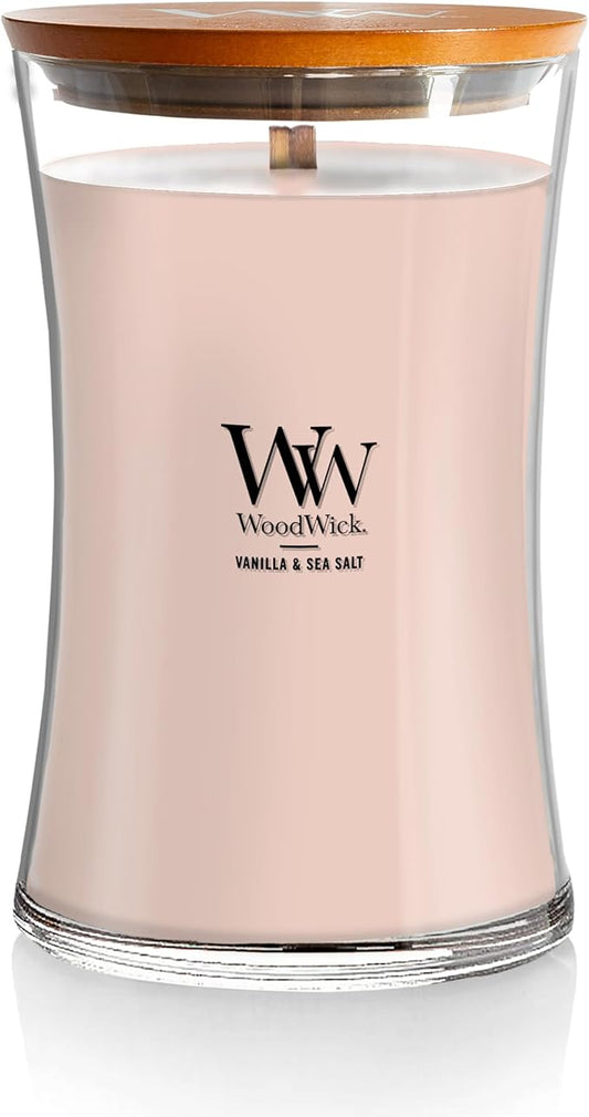 WoodWick Large Hourglass Candle, Vanilla Sea Salt Scented, Premium Soy and Paraffin Wax Blend, Crackles as it burns, Great for gifting, 21oz