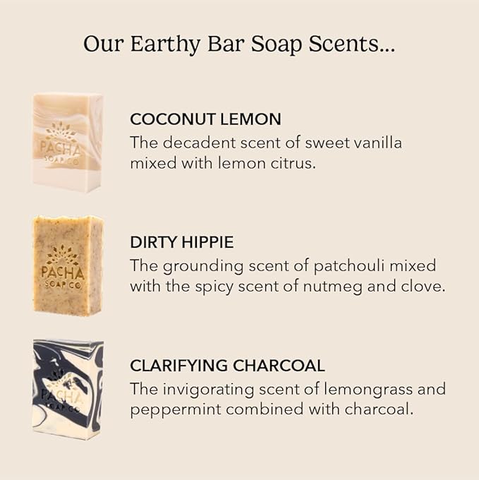 Pacha Earthy Clean Bar Soap 3 Pack | Premium, Handcrafted, Hydrating | Natural Face Wash, Hand Cleanser, Body Wash | Soothing Essential Oils, 4 oz