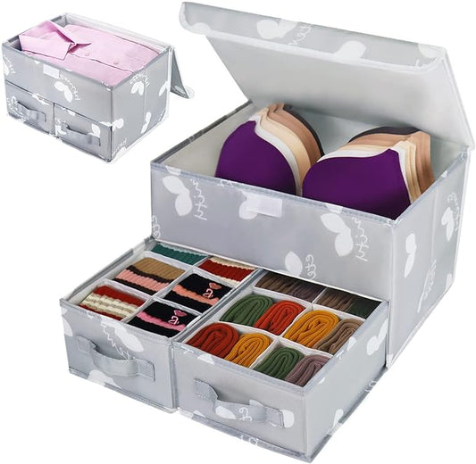 Sock Underwear Drawer Divider - Closet Organizers and Dresser Organizer Wardrobe Clothes Box Storage Bins with Lid for Bra, Leggings, Shirt, Panty (1 Pack, Grey)