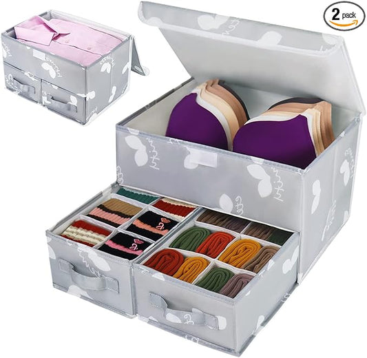 2 Pack Sock Underwear Drawer Organizer Divider - Closet Organizers and Storage Dresser Organizer Wardrobe Clothes Box Storage Bins with Lid for Bra, Socks, Leggings, Shirt, Panty (Grey)