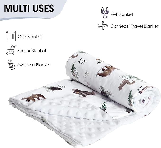 Minky Baby Blanket for Boys Girls Neutral, 40x50 Inches Soft Lightweight Micro Fleece Baby Blanket with Double Layer, Dotted Backing, Receiving Blanket for Newborns, Animals