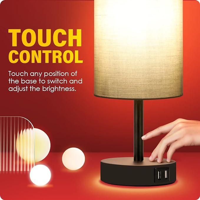 Yarra-Decor Bedside Lamps with USB Port - Touch Control Table Lamp for Bedroom 3 Way Dimmable Nightstand Lamp Set of 2 with Round Grey Fabric Shade for Living Room, Dorm, Home Office (Grey, 2 Pack)