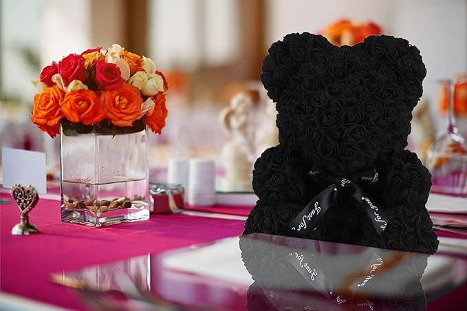 RECUTMS Rose Teddy Bear, 10 inch Artificial Flower Bears with Lights,Lighted Up Roses Gifts for Valentines Day Mothers Day Wedding Anniversary Birthday Halloween Home Bedroom Decoration(A-Black
