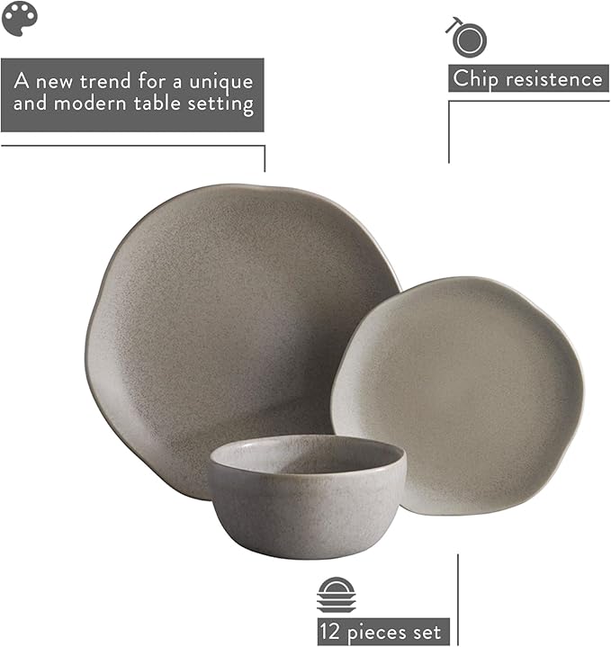 Corona Dinnerware Set 12– piece, Plates and Bowls Set, Ceramic Sets for 4, Microwave and Dishwasher Safe, Concreto Reactive Glaze