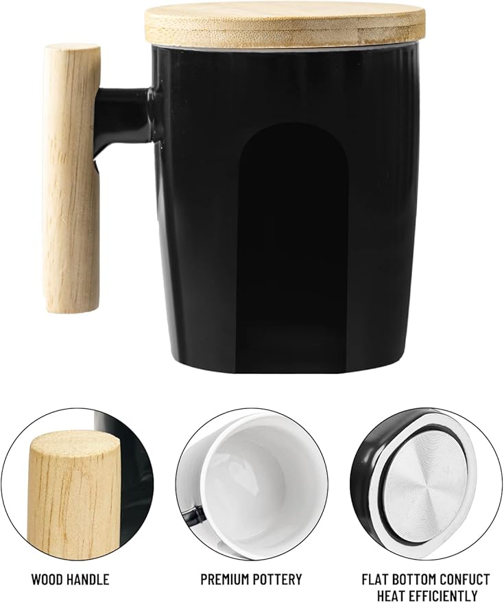 HOWAY Flat Bottom Mug with Wood Lid, Ceramic Tea Cup for Coffee Warmer, Flat Bottomed, Wooden Handle, 14oz
