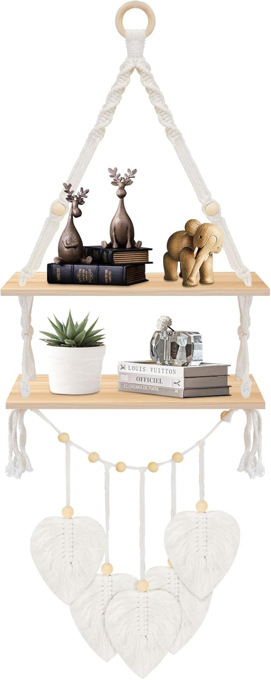 Macrame Plant Hanger,Boho Decor Floating Shelves with Leaves , Wood Floating Shelves for Wall No Drilling for Plants Photos,Girls Bedroom Decor Storage Shelf，Ideal Gifts for Housewarming (2 tier)