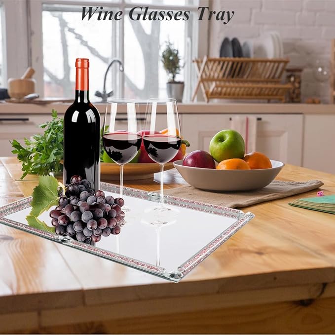 Large Mirrored Vanity Tray, Crushed Diamond Filled Crystal Glass Cosmetic Makeup Tray, Sparkle Perfume Jewelry Trinket Countertop Decorative Tray, for Home Party Hotel Banquet Dresser Bathroom Bedroom