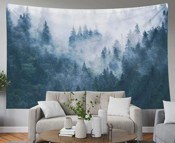 EMMTEEY Tapestry Wall Hanging, Tapestries Décor Living Room Bedroom for Home Inhouse by Printed 92.5X70.9 Inches for Misty Foggy Mountain Landscape Fir in Hipster Vintage Retro Style