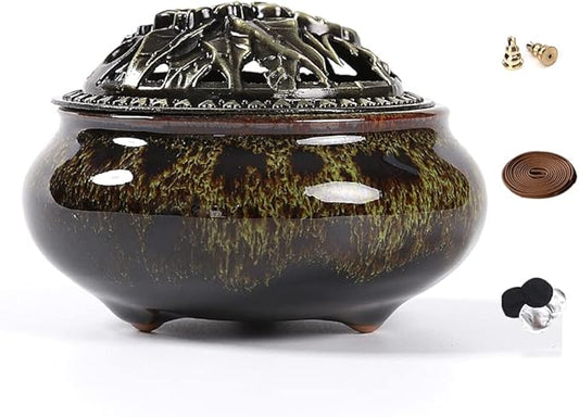 Ceramic Incense Burner with Incense Stick Holder + Insulation use for Stick or Coil Incense, Sage Cones and Frankincense (Fambe Green)