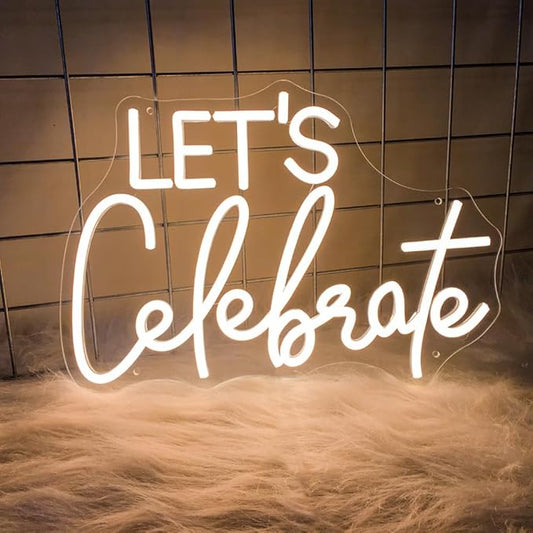 Let's Celebrate Neon Sign Warm White LED Neon Lights for Wall Decor USB-Powered Neon Signs for Living Rooms, Dining Rooms, Bars, Clubs, Hotels, Restaurants, Thanksgiving and Party Decorations