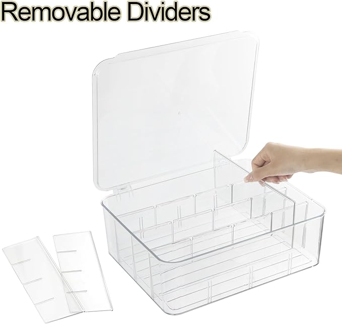 Socks Underwear Drawer Organzier Dividers, 16 Compartment Removable Divided Plastic Storage Bin with Lid, Storage Organizer for Scarves Ties Bras, Clear Dresser Drawer Organizers