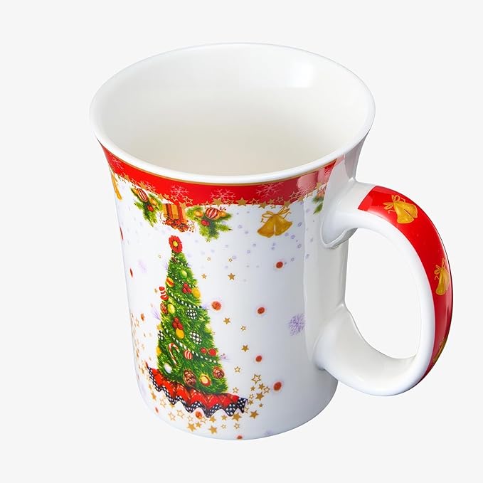 Winter Tree & Stars Festive Mug - Ceramic Microwave & Dishwasher Safe - 10.5oz Winter Mugs for Coffee, Hot Chocolate, Eggnog - Merry Winter - Elf & Santa Design - Red & Green Great Gift!