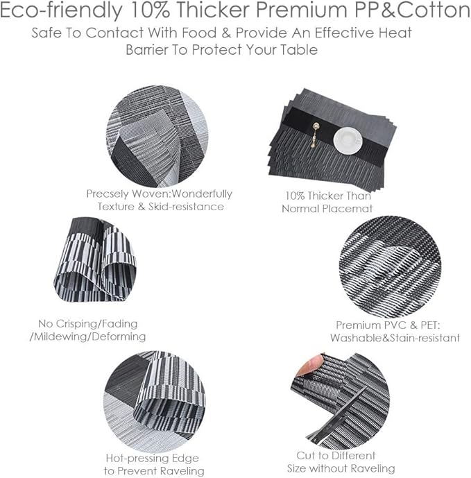 GIVERARE Placemats Set of 4, Heat-Resistant Woven Vinyl Placemat, Non-Slip Washable PVC Table Mat, Easy to Clean Premium Plastic Mats for Dining, Kitchen Table (Black+Gray)