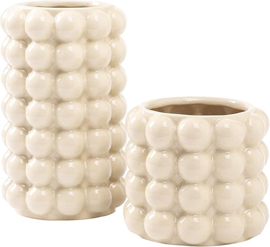 Bubble Vases, Set of 2 Ceramic Vase for Flowers, Boho Ceramic Flower Vases for Decor, Tall Bubble Vase for Living Room, Dining Table, Wedding, Mantel, Coffee Table(Beige)