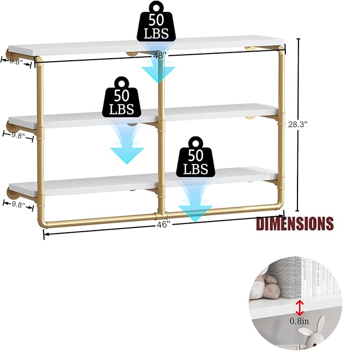 HOMEKAYT 48'' Industrial Pipe Shelving Floating Wall Shelves 3 Tier Gold Shelves Multiple Use for Kitchen, Bedroom,Living Room,Bathroom