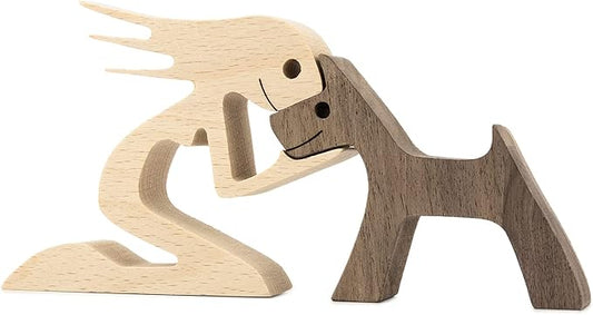 BOBO BIRD Wooden Dog Cat Family Statue, Handmade Wood Decoration, Cute Puppy, Kitty and People Sculpture Ornament Collectible Figurine Craft Arts for Home Office Living Room (Women+Puppy（L）)