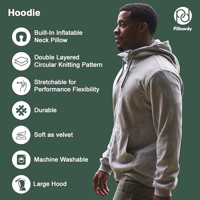 Full Zip Hoodie – Inflatable Built-in Travel Pillow – Comfortable Rest On-The-Go – Perfect for Airplane and Trips
