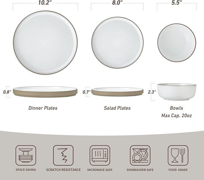 Famiware Nature Plates and Bowls Sets, 12 Pieces Stoneware Dinnerware Sets, Dishes Set for 4, Dishware Sets, Microwave and Dishwasher Safe, Snowy White