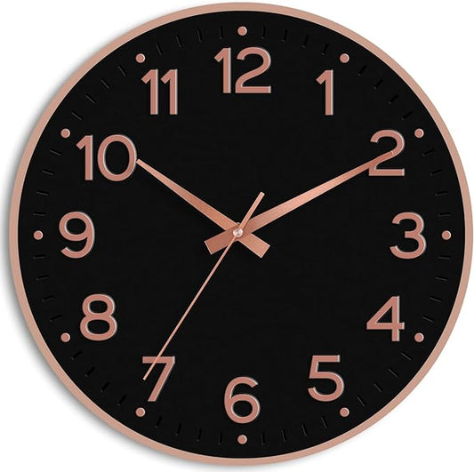 Wall Clock, Silent Wall Clocks Battery Operated 8 Inch-Modern Non Ticking Analog Clock Decorative for Kitchen Office Bathroom Bedroom(Black Rose Gold)