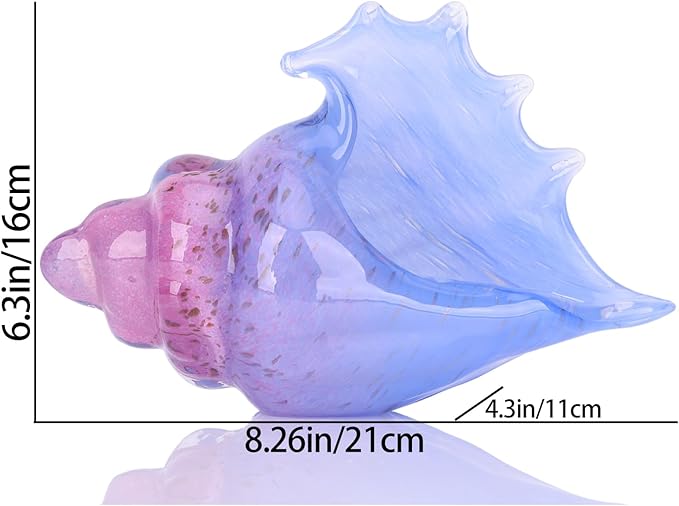 Hand blown glass conch statues, coastal home decor conch corners, glass art conch sculptures, office decor blown glass art, living room table centerpieces, bathroom shelf tops and cabinet decor.