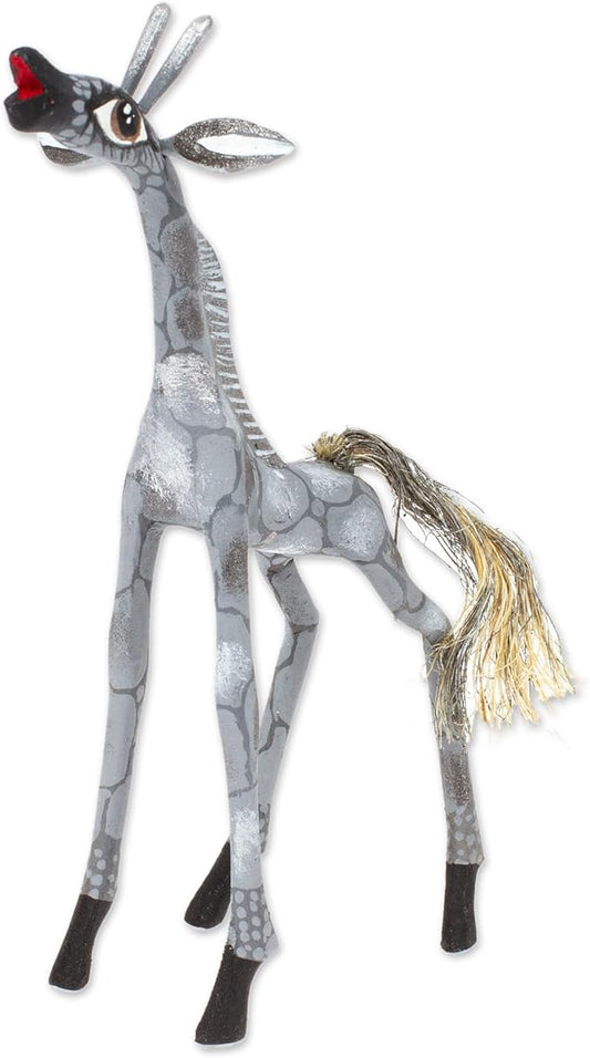 NOVICA Artisan Handmade Wood Alebrije Figurine Giraffe Grey from Mexico Sculpture Painted Hacienda [6.5in H x 3.2in W x 2.4in D] ' Pearly Giraffe'