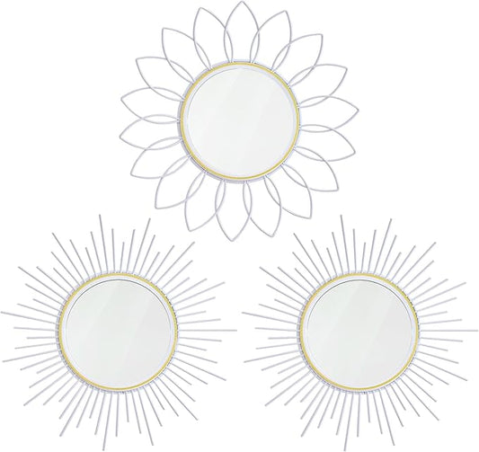 3 Pack Metal Mirrors for Wall Sunburst Wall Mirrors Home Décor Decorative Hanging Wall Art for Living Room Bedroom Entryway (White, Flower+Sunburst)