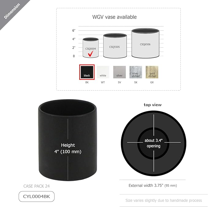 WGVI Matte Black Ceramic Cylinder Vase Width 3.75" Height 4", Flower Arrangements, Candle Holder, Terrarium Planter Pot, Storage Container Organizer, Pen Brush Holder, Centerpieces, 1 Piece