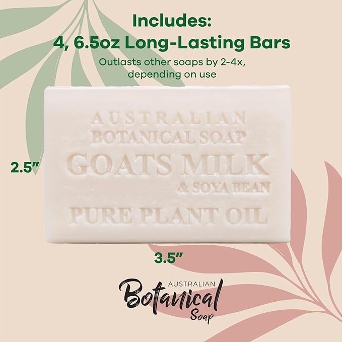 Australian Botanical Soap 6.5 OZ Pack of 4, Goat Milk Soap Bars with Soya Bean Oil, Enriched with Organic Shea Butter, Suitable for All Skin Types