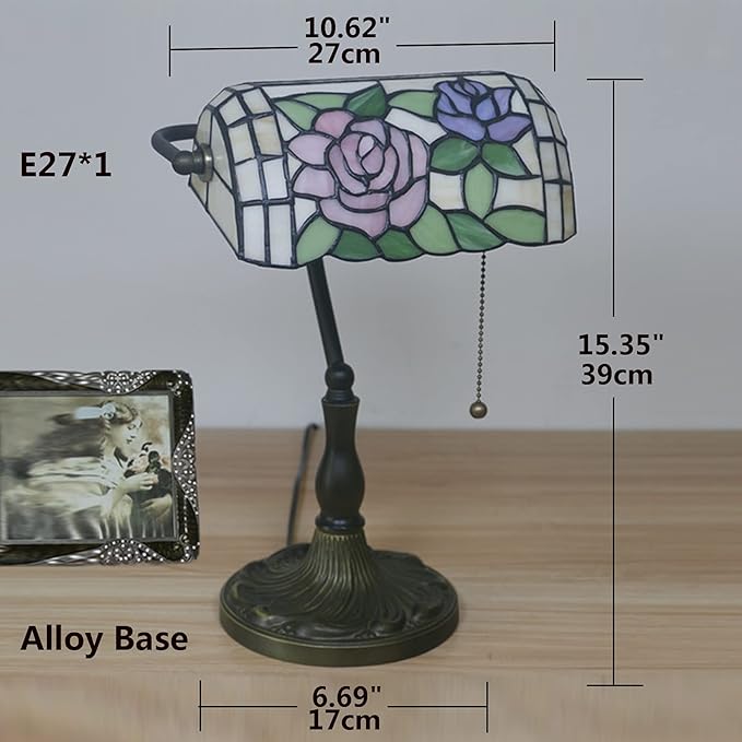 Tiffany Style Bankers Table Lamp Stained Glass Piano Desk Lamp Vintage Bedroom Bedside Lamp for Study,Antique Alloy Base,Zipper Switch,Rose d