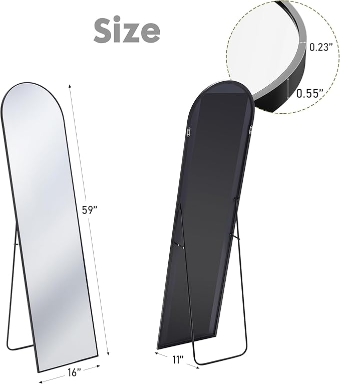 Sweetcrispy 59"x16" Arched FFull Length Mirror, Standing or Leaning Full Body Mirror with Aluminum Alloy Thin Frame, Suitable for Bedroom or Cloakroom,Black