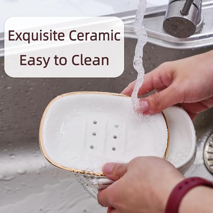 Self Draining Soap Dish, Double-Layer Bar Soap Tray, White Ceramic Soap Dish with Elegant Patterns (Style C)